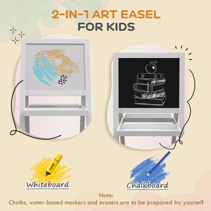 Aiyaplay Double-sided Kids Easel, Art Easel For Toddlers, 2-in-1 Kids Whiteboard Blackboard With Storage Shelf For Ages 18-48 Months - White