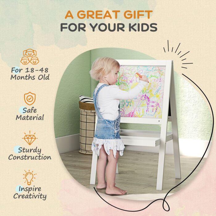 Aiyaplay Double-sided Kids Easel, Art Easel For Toddlers, 2-in-1 Kids Whiteboard Blackboard With Storage Shelf For Ages 18-48 Months - White