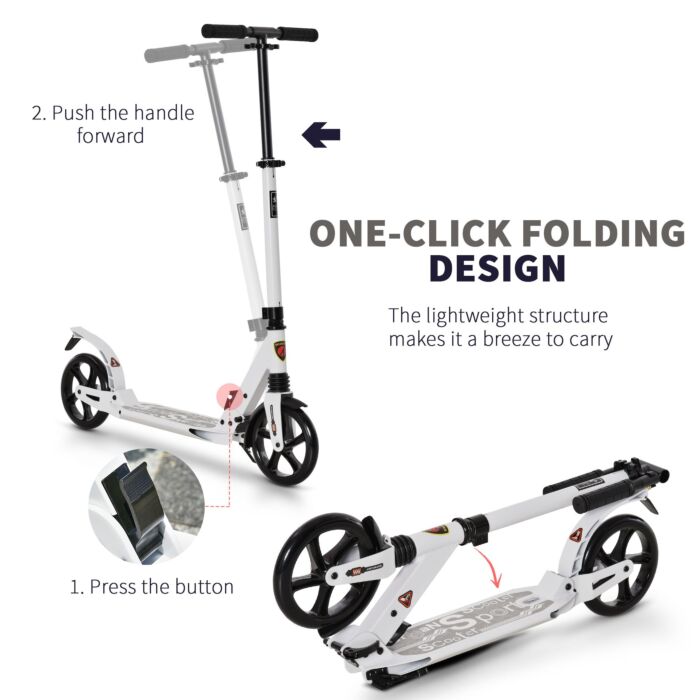 Homcom Folding Kick Scooter 2 Big Wheels Teens Adult 14+ Adjustable Ride On White