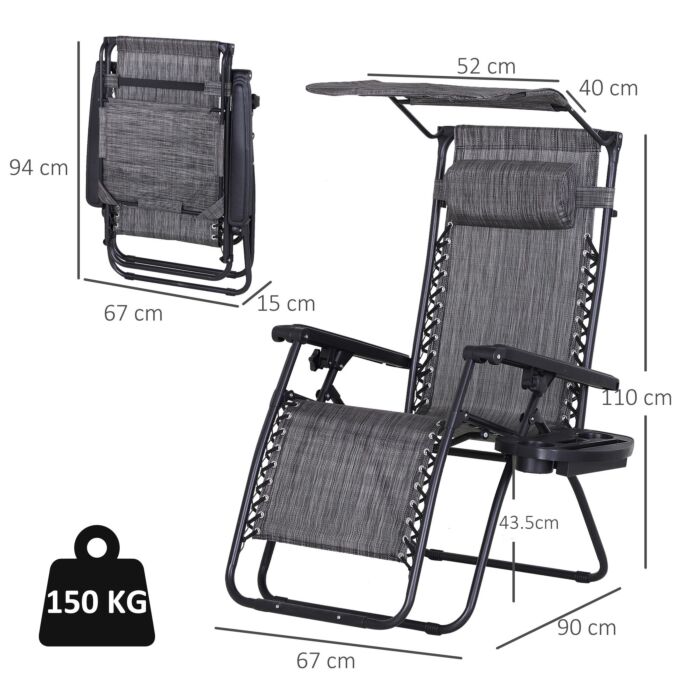 Outsunny 2 Piece Foldable Reclining Garden Chairs With Headrest, Zero Gravity Deck Sun Loungers Seat Chair With Footrest, Armrest, Cup Holder & Canopy Shade, Grey