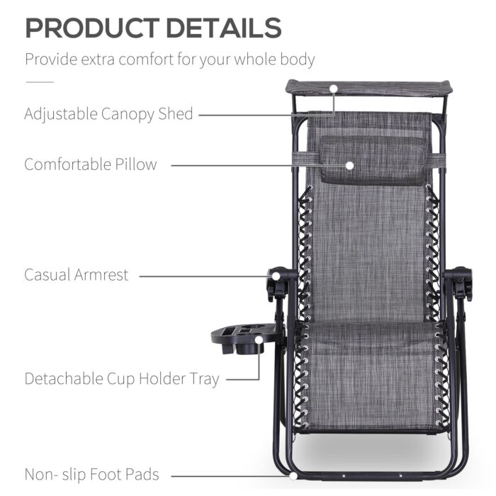 Outsunny 2 Piece Foldable Reclining Garden Chairs With Headrest, Zero Gravity Deck Sun Loungers Seat Chair With Footrest, Armrest, Cup Holder & Canopy Shade, Grey