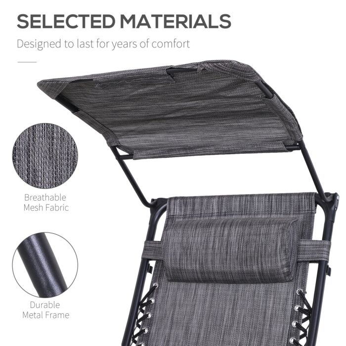 Outsunny 2 Piece Foldable Reclining Garden Chairs With Headrest, Zero Gravity Deck Sun Loungers Seat Chair With Footrest, Armrest, Cup Holder & Canopy Shade, Grey