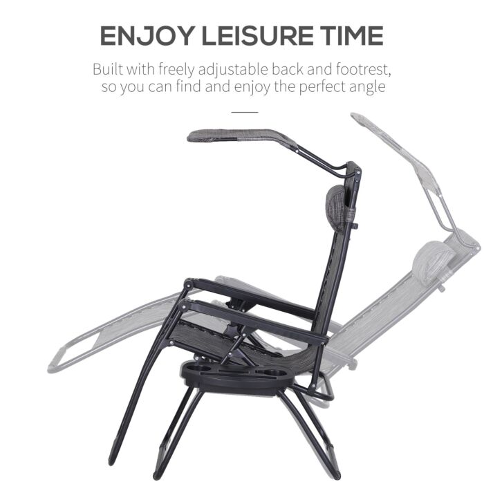 Outsunny 2 Piece Foldable Reclining Garden Chairs With Headrest, Zero Gravity Deck Sun Loungers Seat Chair With Footrest, Armrest, Cup Holder & Canopy Shade, Grey
