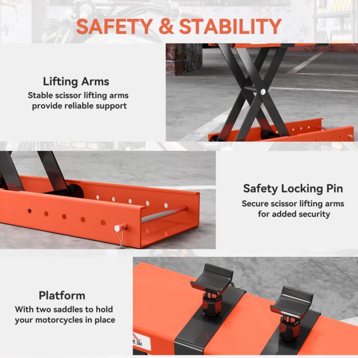 Homcom 500 Kg Motorcycle Scissor Lift Jack, Heavy Duty Steel Adjustable Motorbike Lifting Hoist Stand With Safety Pin, Foldable Lifter For Dirt Bike Repair Maintenance, 45x15 Cm Large Platform, Orange