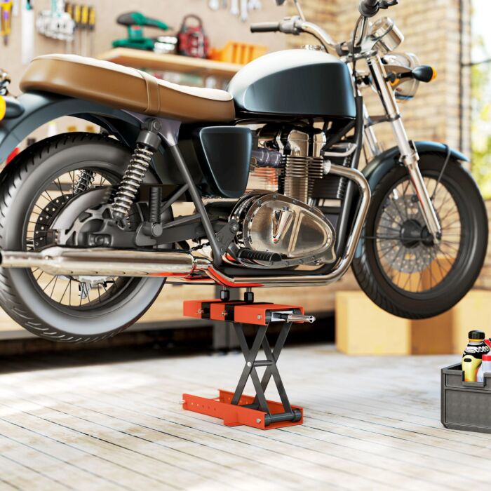 Homcom 500 Kg Motorcycle Scissor Lift Jack, Heavy Duty Steel Adjustable Motorbike Lifting Hoist Stand With Safety Pin, Foldable Lifter For Dirt Bike Repair Maintenance, 45x15 Cm Large Platform, Orange