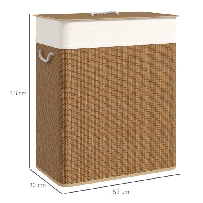 Homcom Double Laundry Basket With Lid, 100l Bamboo Laundry Hamper With Rope Handles, Washing Basket With Removable Liner For Bathroom, Bedroom, Brown