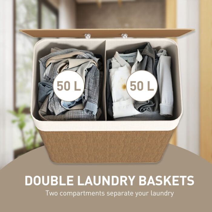 Homcom Double Laundry Basket With Lid, 100l Bamboo Laundry Hamper With Rope Handles, Washing Basket With Removable Liner For Bathroom, Bedroom, Brown
