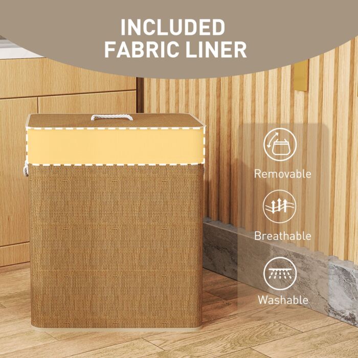 Homcom Double Laundry Basket With Lid, 100l Bamboo Laundry Hamper With Rope Handles, Washing Basket With Removable Liner For Bathroom, Bedroom, Brown