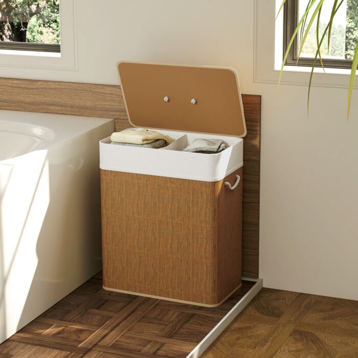 Homcom Double Laundry Basket With Lid, 100l Bamboo Laundry Hamper With Rope Handles, Washing Basket With Removable Liner For Bathroom, Bedroom, Brown