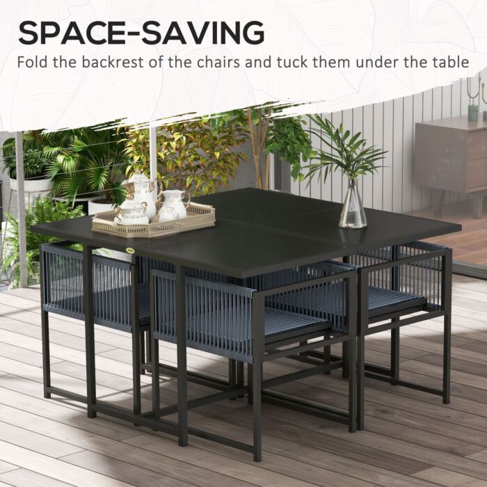 Outsunny 5 Pieces Garden Dining Set, Patio Dining Set, 4 Seater Outdoor Table And Chairs W/ Foldable Backrest, Tempered Glass Top, Handwoven