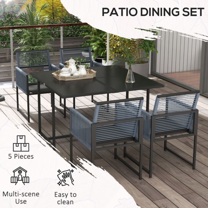 Outsunny 5 Pieces Garden Dining Set, Patio Dining Set, 4 Seater Outdoor Table And Chairs W/ Foldable Backrest, Tempered Glass Top, Handwoven