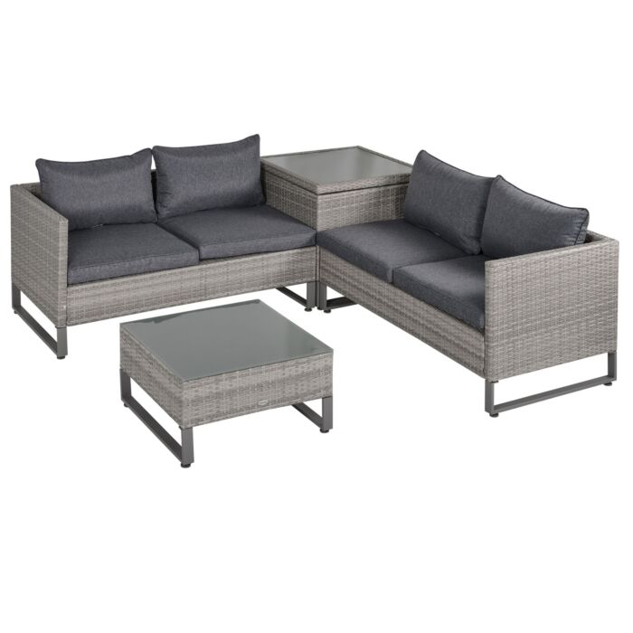 Outsunny 4-seater Pe Rattan Sofa Set Wicker Garden Furniture Outdoor Conservatory Furniture Coffee Table W/ Side Storage Box & Cushion, Grey