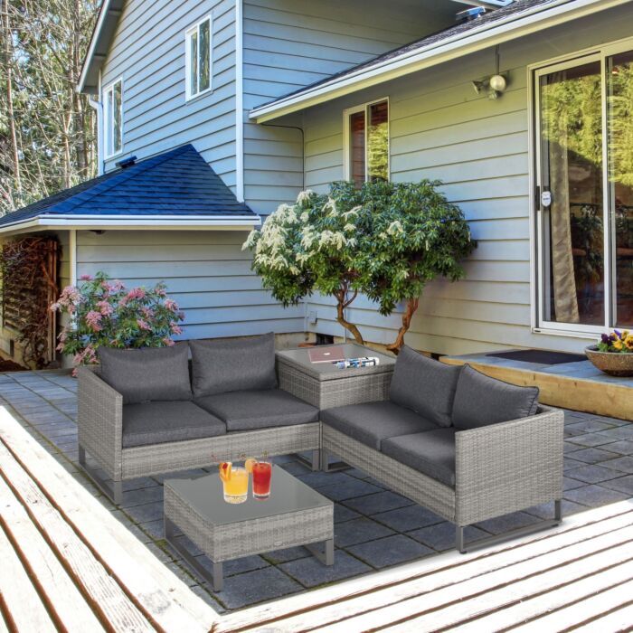 Outsunny 4-seater Pe Rattan Sofa Set Wicker Garden Furniture Outdoor Conservatory Furniture Coffee Table W/ Side Storage Box & Cushion, Grey