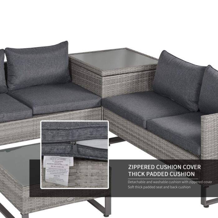 Outsunny 4-seater Pe Rattan Sofa Set Wicker Garden Furniture Outdoor Conservatory Furniture Coffee Table W/ Side Storage Box & Cushion, Grey