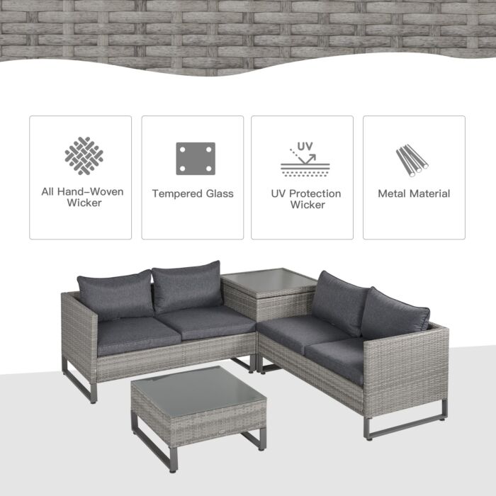 Outsunny 4-seater Pe Rattan Sofa Set Wicker Garden Furniture Outdoor Conservatory Furniture Coffee Table W/ Side Storage Box & Cushion, Grey