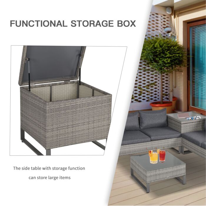 Outsunny 4-seater Pe Rattan Sofa Set Wicker Garden Furniture Outdoor Conservatory Furniture Coffee Table W/ Side Storage Box & Cushion, Grey