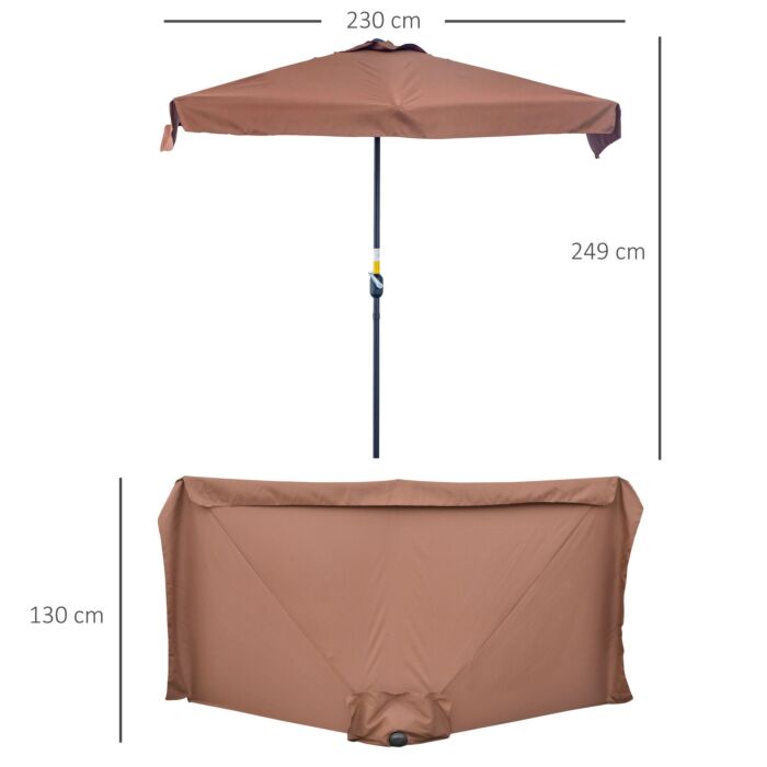 Outsunny 2.3m Patio Semi Round Half Parasol Umbrella With Metal Frame Crank Handle For Balcony- No Base Included, Brown