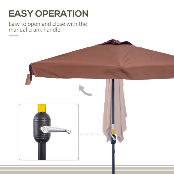 Outsunny 2.3m Patio Semi Round Half Parasol Umbrella With Metal Frame Crank Handle For Balcony- No Base Included, Brown