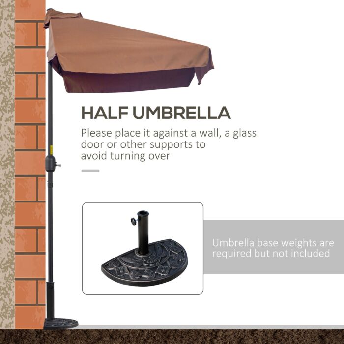 Outsunny 2.3m Patio Semi Round Half Parasol Umbrella With Metal Frame Crank Handle For Balcony- No Base Included, Brown