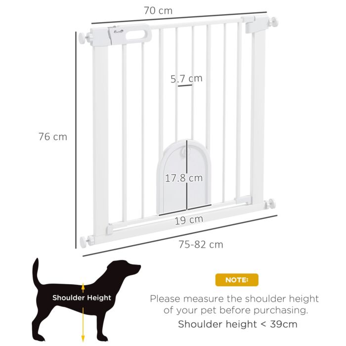 Pawhut 75-82cm Pet Safety Gate With Double Locking, Pressure Fit Stair With Cat Flat For Doorways, Hallways, White
