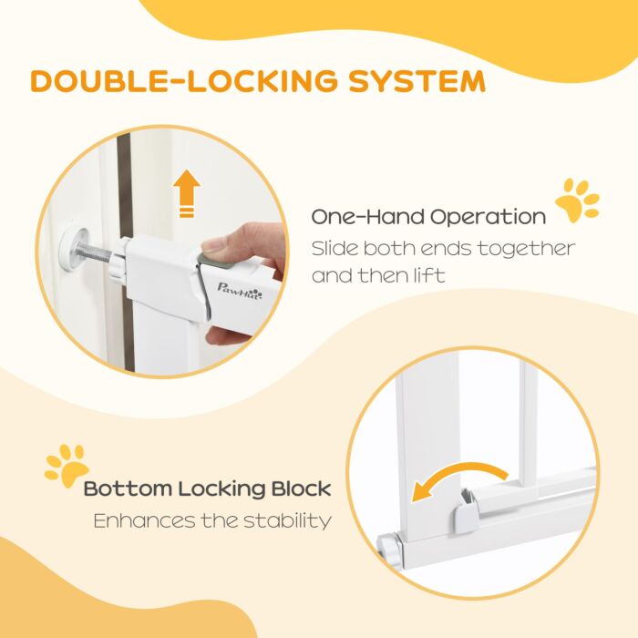 Pawhut 75-82cm Pet Safety Gate With Double Locking, Pressure Fit Stair With Cat Flat For Doorways, Hallways, White