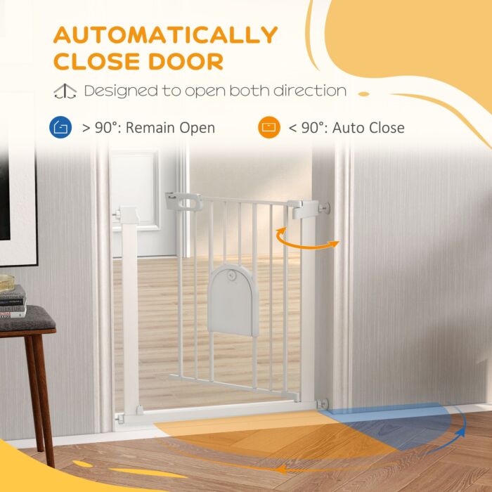 Pawhut 75-82cm Pet Safety Gate With Double Locking, Pressure Fit Stair With Cat Flat For Doorways, Hallways, White