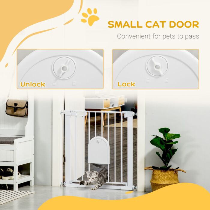 Pawhut 75-82cm Pet Safety Gate With Double Locking, Pressure Fit Stair With Cat Flat For Doorways, Hallways, White