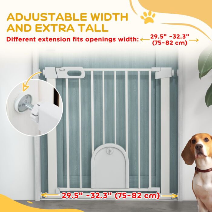 Pawhut 75-82cm Pet Safety Gate With Double Locking, Pressure Fit Stair With Cat Flat For Doorways, Hallways, White