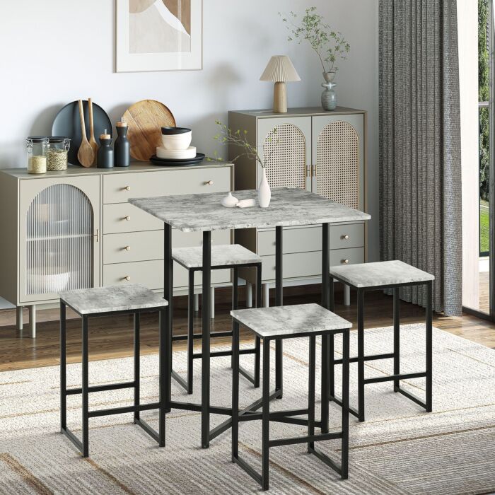Homcom Square Bar Table With Stools, Concrete Effect 5 Pieces Small Kitchen Table And Chairs Set For 4 People, With Steel Frame And Footrest, Grey