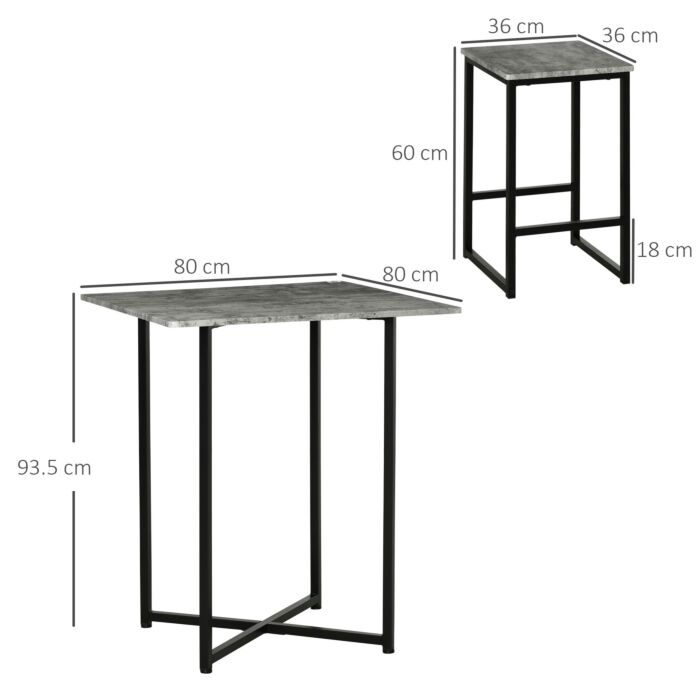 Homcom Square Bar Table With Stools, Concrete Effect 5 Pieces Small Kitchen Table And Chairs Set For 4 People, With Steel Frame And Footrest, Grey