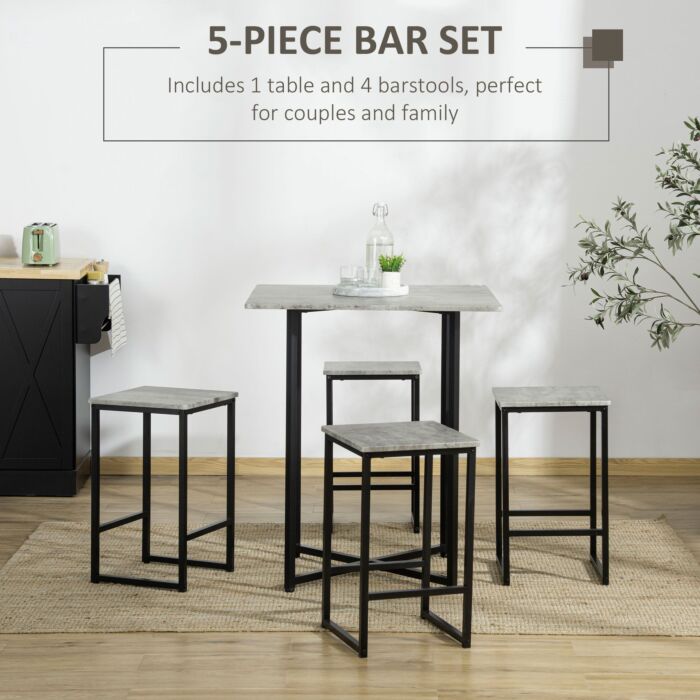 Homcom Square Bar Table With Stools, Concrete Effect 5 Pieces Small Kitchen Table And Chairs Set For 4 People, With Steel Frame And Footrest, Grey