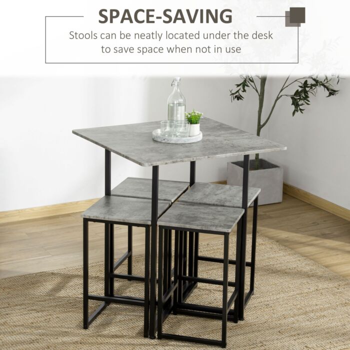 Homcom Square Bar Table With Stools, Concrete Effect 5 Pieces Small Kitchen Table And Chairs Set For 4 People, With Steel Frame And Footrest, Grey