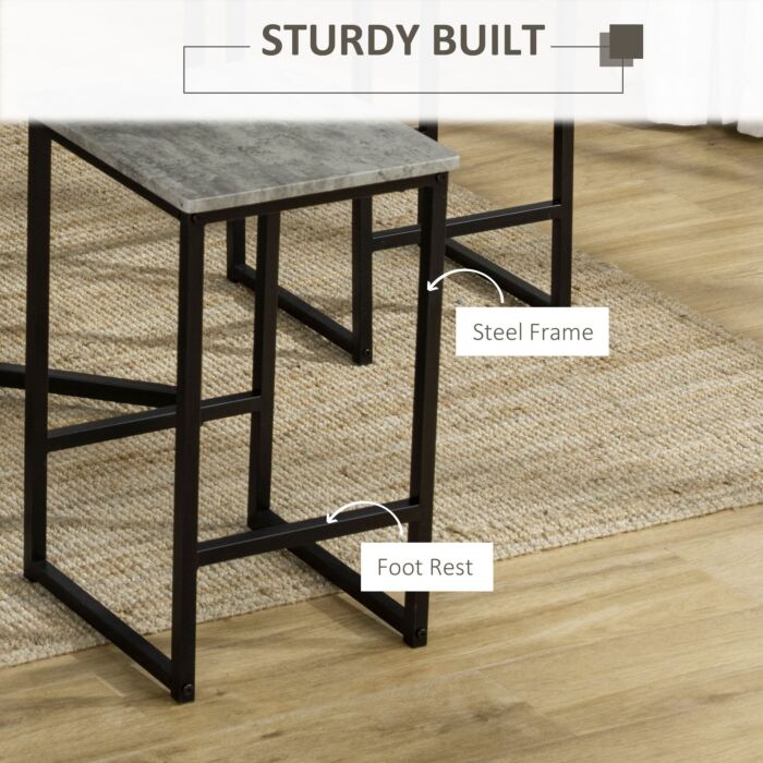 Homcom Square Bar Table With Stools, Concrete Effect 5 Pieces Small Kitchen Table And Chairs Set For 4 People, With Steel Frame And Footrest, Grey