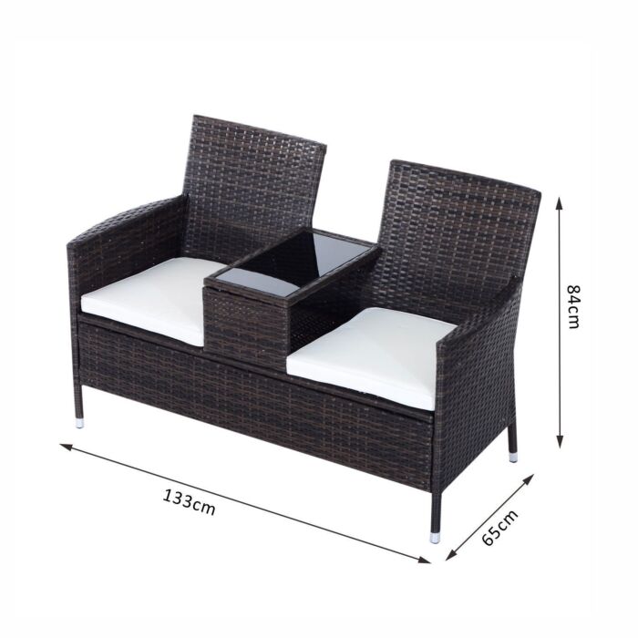 Outsunny Garden Rattan 2 Seater Companion Seat Wicker Love Seat Weave Partner Bench W/ Cushions Patio Outdoor Furniture (brown)
