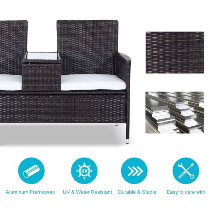Outsunny Garden Rattan 2 Seater Companion Seat Wicker Love Seat Weave Partner Bench W/ Cushions Patio Outdoor Furniture (brown)