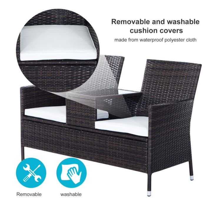 Outsunny Garden Rattan 2 Seater Companion Seat Wicker Love Seat Weave Partner Bench W/ Cushions Patio Outdoor Furniture (brown)
