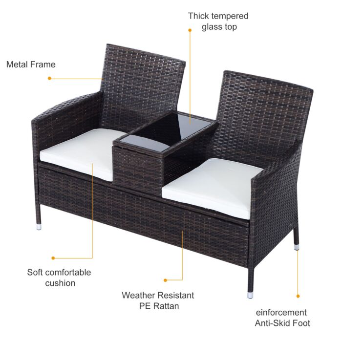 Outsunny Garden Rattan 2 Seater Companion Seat Wicker Love Seat Weave Partner Bench W/ Cushions Patio Outdoor Furniture (brown)