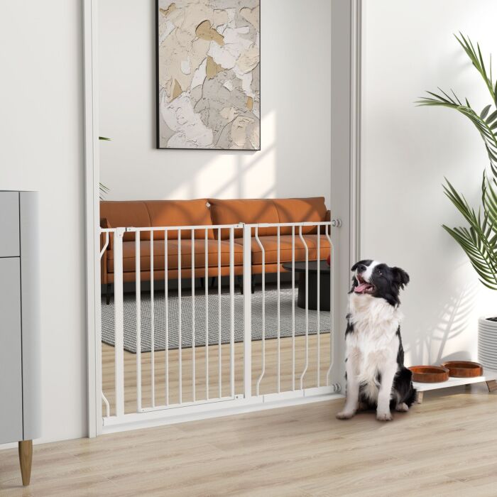 Pawhut Expandable Dog Gate With Door Pressure,75-115cm Doorway Pet Barrier Fence For Hallways, Staircases, White