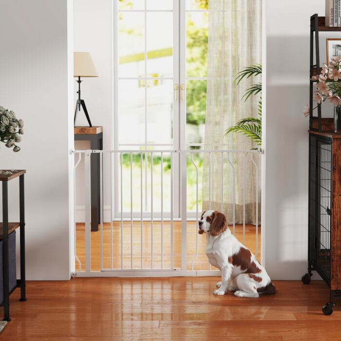 Pawhut Expandable Dog Gate With Door Pressure,75-115cm Doorway Pet Barrier Fence For Hallways, Staircases, White