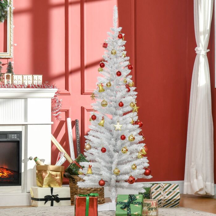 Homcom 5t Artificial Pine Pencil Slim Tall Christmas Tree With Branch Tips Xmas Holiday Décor With Stand White
