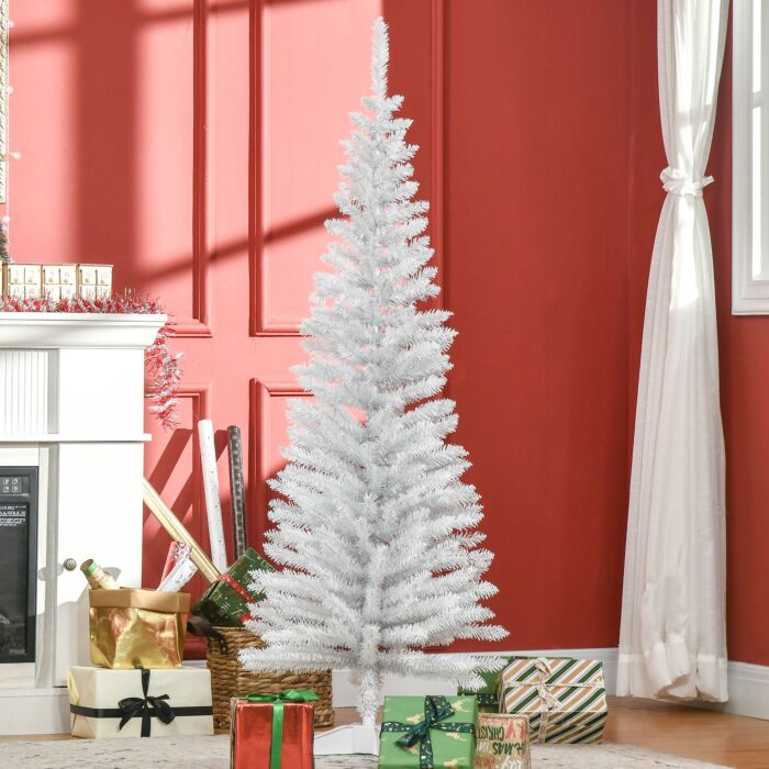 Homcom 5t Artificial Pine Pencil Slim Tall Christmas Tree With Branch Tips Xmas Holiday Décor With Stand White