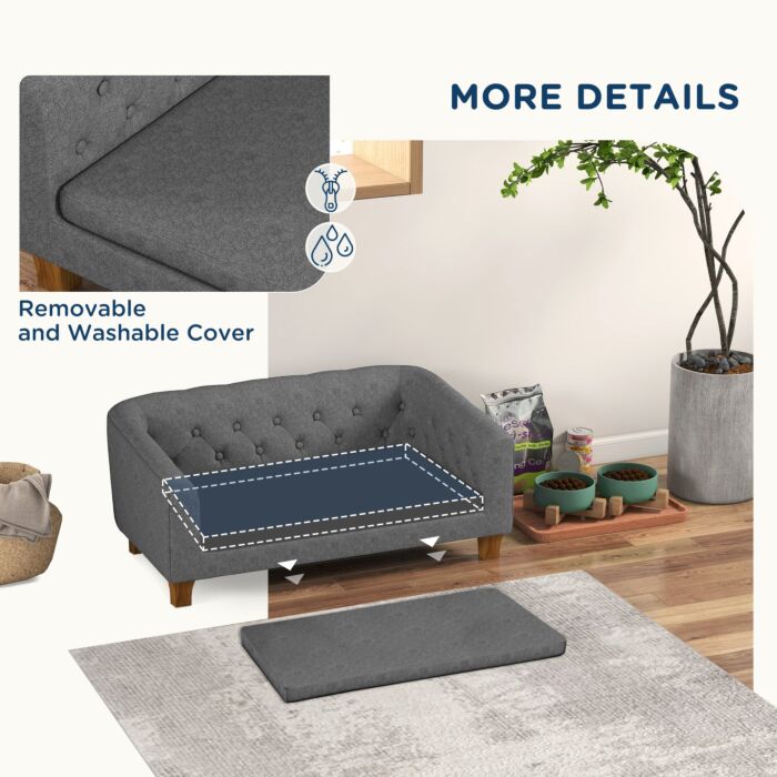Pawhut Dog Sofa Bed, Elevated Dog Couch For Small And Medium Dogs, With Soft Cushion, Removable And Washable Cover, Anti-slip Pads, Grey