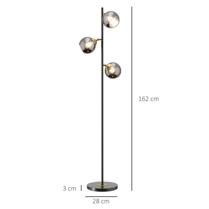 Homcom Tree Floor Lamp For With 3 Light, Modern Standing Lamp, (bulb Not Included), 162cm, Grey