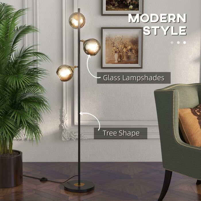 Homcom Tree Floor Lamp For With 3 Light, Modern Standing Lamp, (bulb Not Included), 162cm, Grey