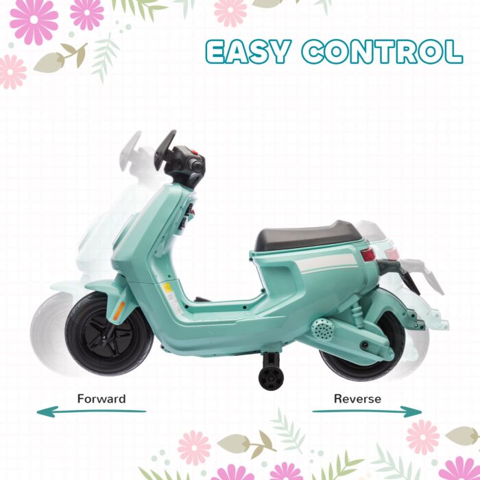Aiyaplay 6v Ride On Motorbike Kids Electric Motorbike W/ Headlight Music, Training Wheels, For Ages 18-36 Months - Green