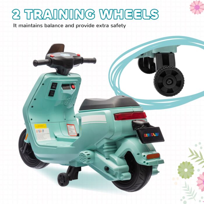 Aiyaplay 6v Ride On Motorbike Kids Electric Motorbike W/ Headlight Music, Training Wheels, For Ages 18-36 Months - Green