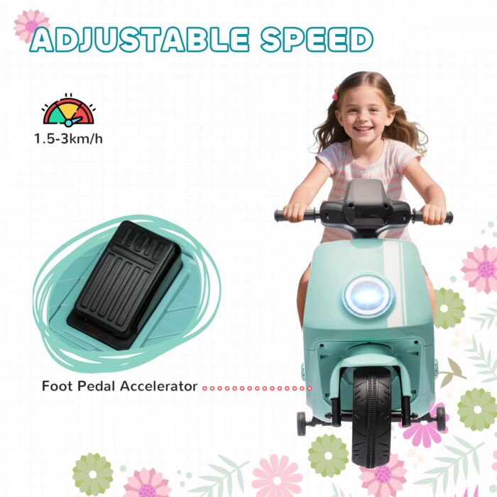Aiyaplay 6v Ride On Motorbike Kids Electric Motorbike W/ Headlight Music, Training Wheels, For Ages 18-36 Months - Green