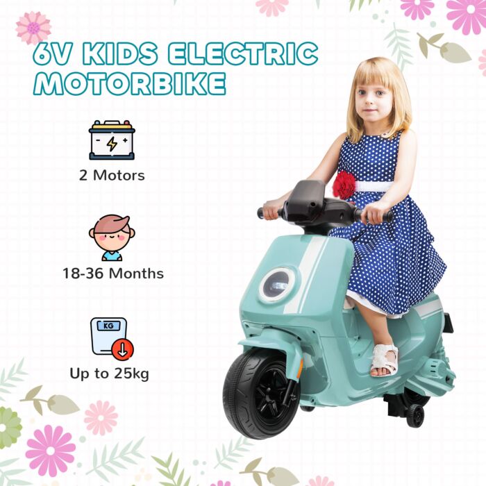 Aiyaplay 6v Ride On Motorbike Kids Electric Motorbike W/ Headlight Music, Training Wheels, For Ages 18-36 Months - Green