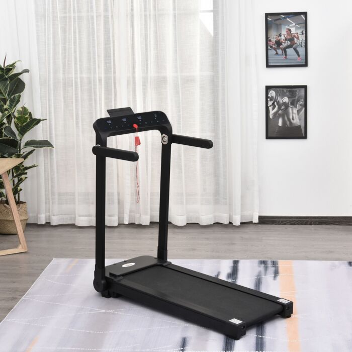 Homcom 600w Motorised Treadmill 12 Programmes 10km/h Safety Button W/ Lcd Monitor Foldable Portable Wheels Running Walking Machine Home Office Black