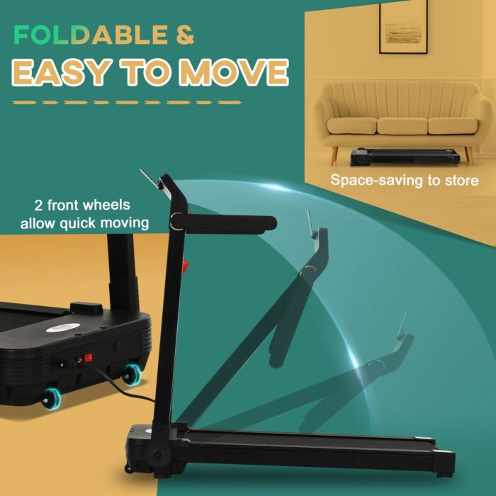 Homcom 600w Motorised Treadmill 12 Programmes 10km/h Safety Button W/ Lcd Monitor Foldable Portable Wheels Running Walking Machine Home Office Black